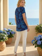 Roman Blue Leaf Print Stretch Tunic Top - Image 3 of 5
