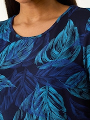 Roman Blue Leaf Print Stretch Tunic Top - Image 5 of 5