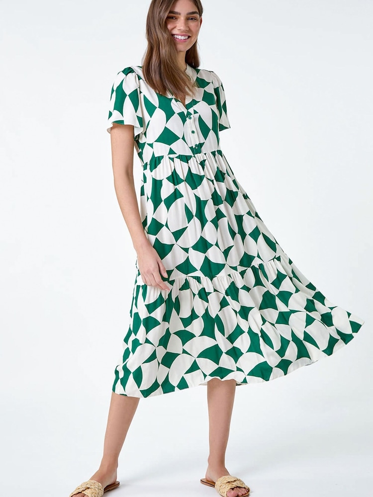 فستان متوسط الطول بتصميم طبقات بطبعة أشكال هندسية من Roman - Image 2 of 5 فستان متوسط الطول بتصميم طبقات بطبعة أشكال هندسية من Roman - Image 2 of 5