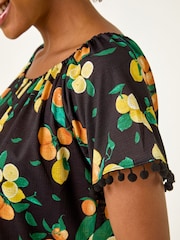 Roman Black Fruit Printed Pom Pom Trim Bardot Top - Image 2 of 5