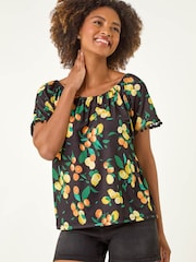 Roman Black Fruit Printed Pom Pom Trim Bardot Top - Image 3 of 5