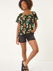 Roman Black Fruit Printed Pom Pom Trim Bardot Top - Image 5 of 5