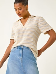 Roman Natural Stripe Crochet Collar Knit Top - Image 2 of 5