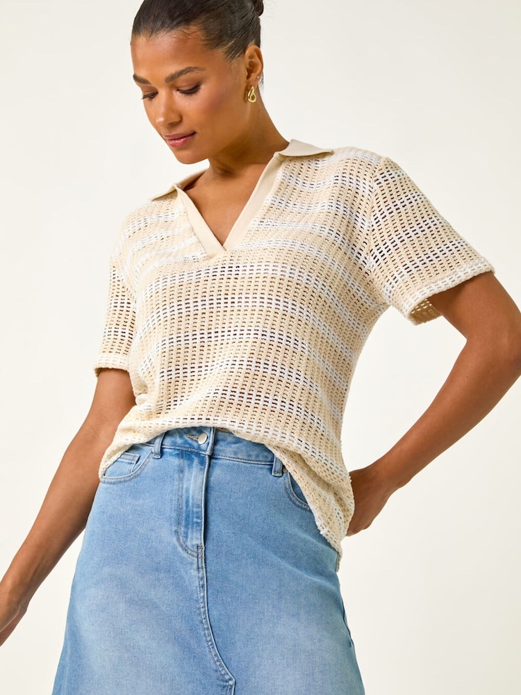 Roman Natural Stripe Crochet Collar Knit Top - Image 2 of 5
