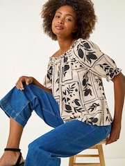 Roman Black Mono Print Bardot Top - Image 1 of 5