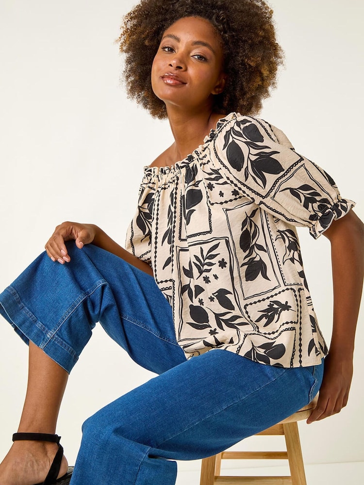 Roman Black Mono Print Bardot Top - Image 1 of 5