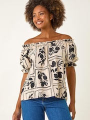 Roman Black Mono Print Bardot Top - Image 4 of 5