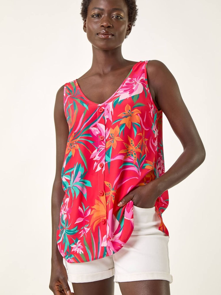 Roman Red Tropical Print V-Neck Button Cami Top - Image 2 of 5