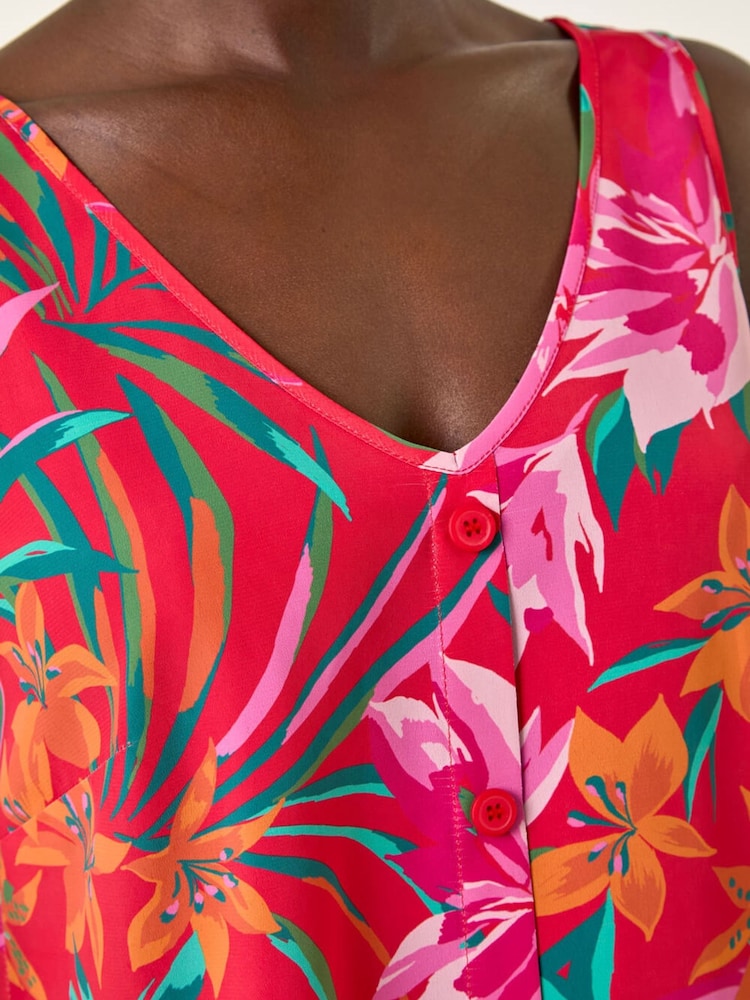 Roman Red Tropical Print V-Neck Button Cami Top - Image 5 of 5