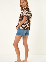 Roman Brown Leaf Print Balloon Short Sleeve Top - Image 3 of 5