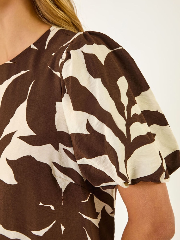Roman Brown Leaf Print Balloon Short Sleeve Top - Image 5 of 5