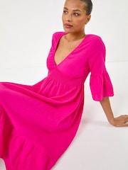 Roman Pink Linen Look Shirred Midi Dress - Image 1 of 5
