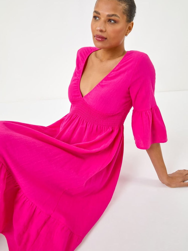 Roman Pink Linen Look Shirred Midi Dress - Image 1 of 5
