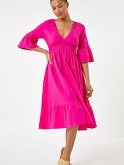 Roman Pink Linen Look Shirred Midi Dress - Image 2 of 5