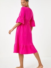 Roman Pink Linen Look Shirred Midi Dress - Image 3 of 5