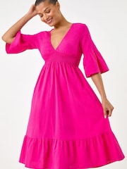 Roman Pink Linen Look Shirred Midi Dress - Image 4 of 5