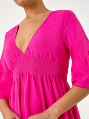 Roman Pink Linen Look Shirred Midi Dress - Image 5 of 5