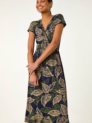 Roman Blue Leaf Print Midi Wrap Dress - Image 2 of 5