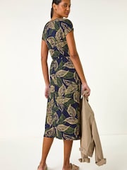 Roman Blue Leaf Print Midi Wrap Dress - Image 3 of 5