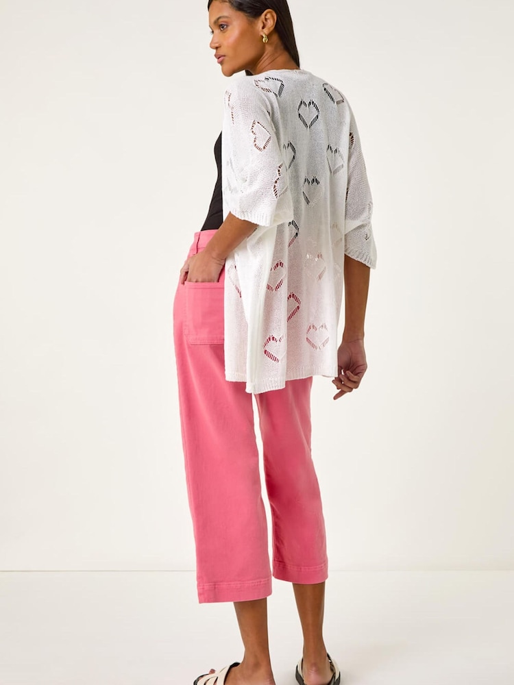 Roman White Pointelle Heart Knit Cardigan - Image 1 of 5 Roman White Pointelle Heart Knit Cardigan - Image 1 of 5