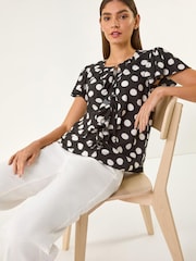 Roman Black Spot Print Ruffle Tie Front Top - Image 1 of 5