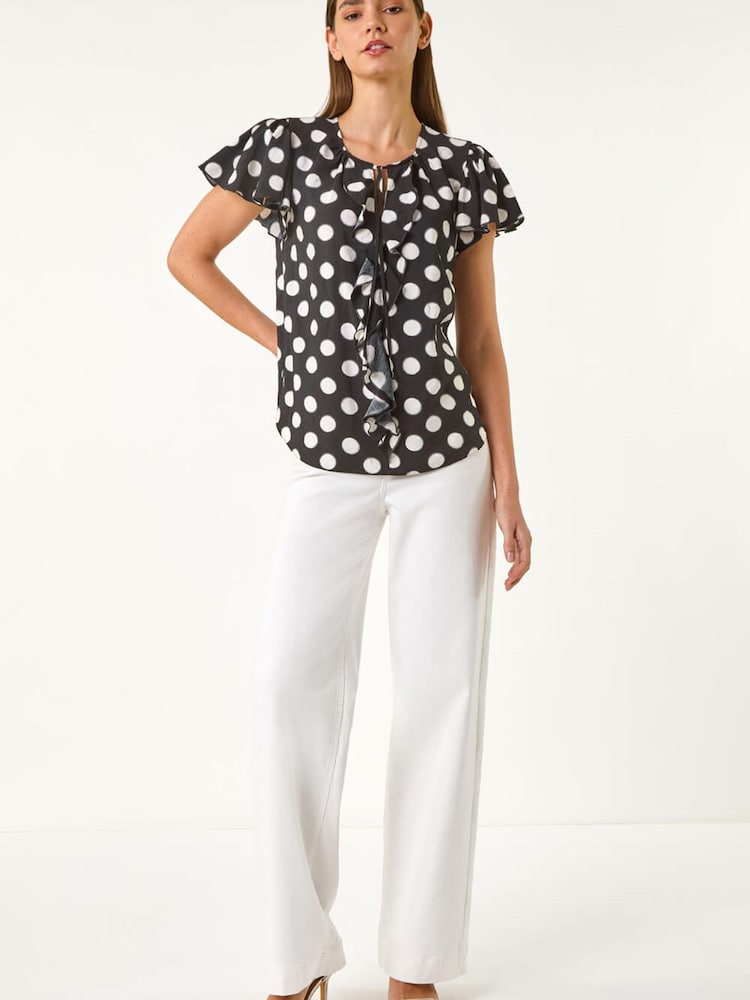 Roman Black Spot Print Ruffle Tie Front Top - Image 2 of 5