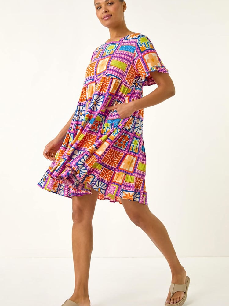 Roman Pink Tiled Tiered Frill Smock Dress - Image 1 of 5 Roman Pink Tiled Tiered Frill Smock Dress - Image 1 of 5