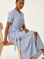 Roman Blue Stripe Tie Waist Midi Dress - Image 1 of 5