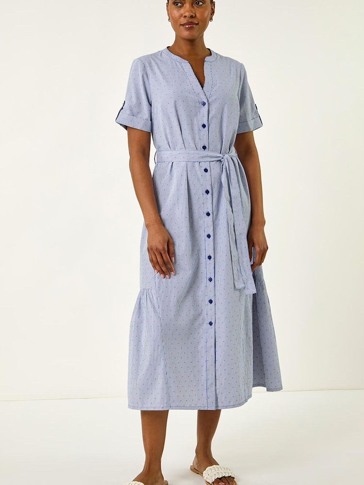 Roman Blue Stripe Tie Waist Midi Dress - Image 2 of 5 Roman Blue Stripe Tie Waist Midi Dress - Image 2 of 5