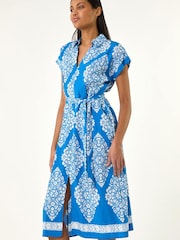 Roman Blue Geometric Print Belted Shirt Midi Dress - Image 1 of 5
