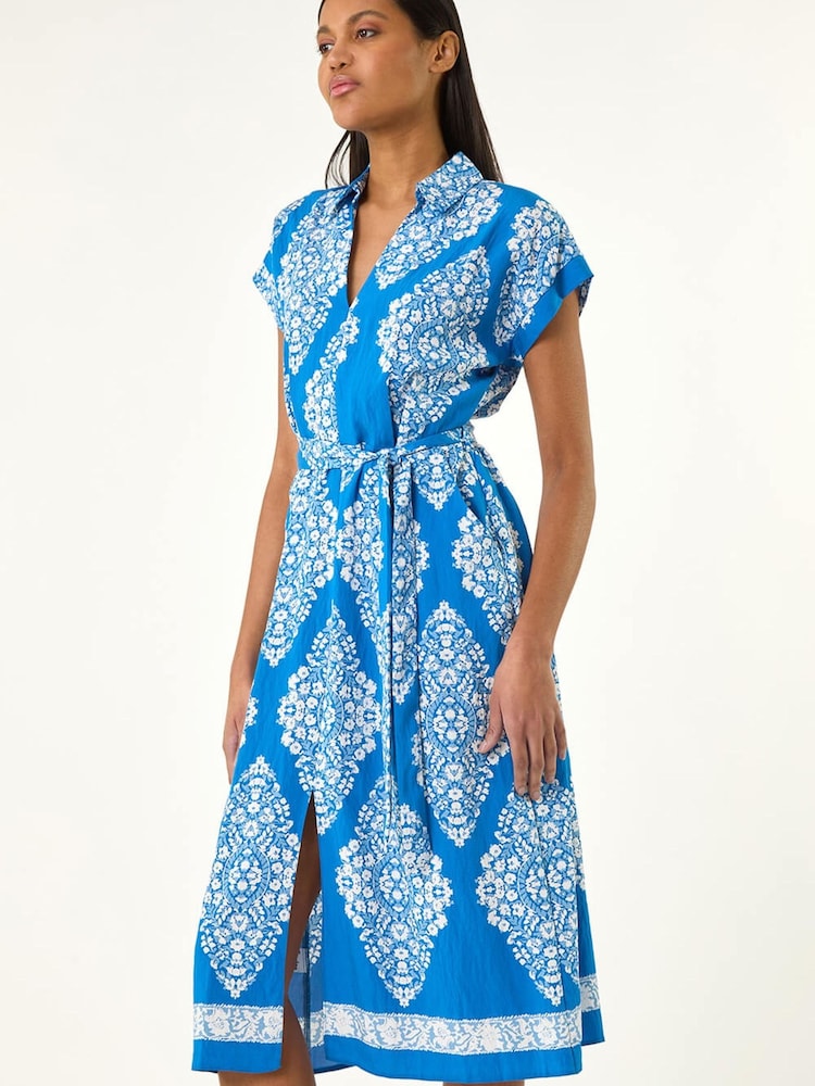 Roman Blue Geometric Print Belted Shirt Midi Dress - Image 1 of 5 Roman Blue Geometric Print Belted Shirt Midi Dress - Image 1 of 5