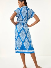 Roman Blue Geometric Print Belted Shirt Midi Dress - Image 2 of 5