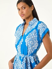 Roman Blue Geometric Print Belted Shirt Midi Dress - Image 3 of 5