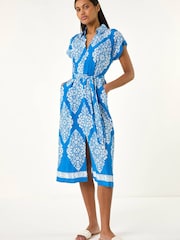 Roman Blue Geometric Print Belted Shirt Midi Dress - Image 4 of 5