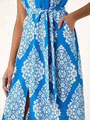 Roman Blue Geometric Print Belted Shirt Midi Dress - Image 5 of 5