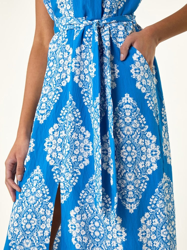 Roman Blue Geometric Print Belted Shirt Midi Dress - Image 5 of 5 Roman Blue Geometric Print Belted Shirt Midi Dress - Image 5 of 5