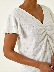 Roman White Ruched Frill Textured Top - Image 5 of 5