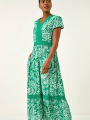 Roman Green Paisley Lace Trim Midi Dress - Image 1 of 5