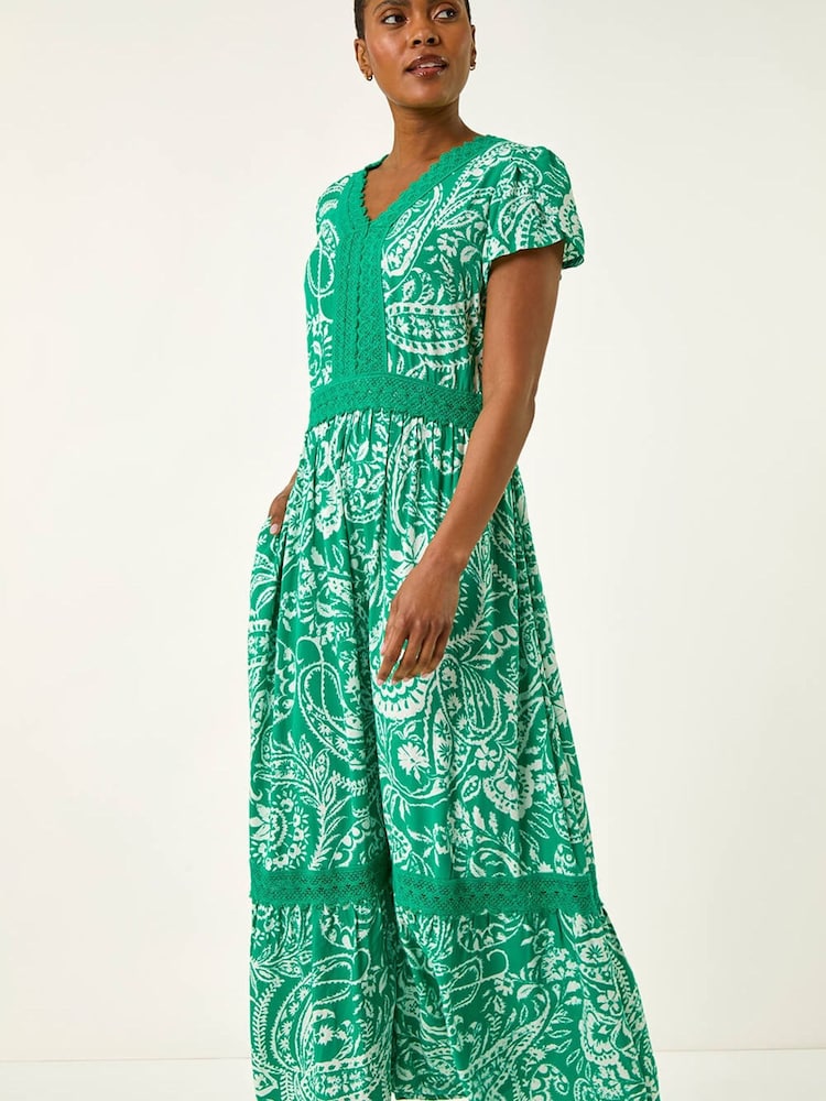 Roman Green Paisley Lace Trim Midi Dress - Image 1 of 5