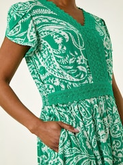 Roman Green Paisley Lace Trim Midi Dress - Image 2 of 5