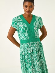 Roman Green Paisley Lace Trim Midi Dress - Image 3 of 5
