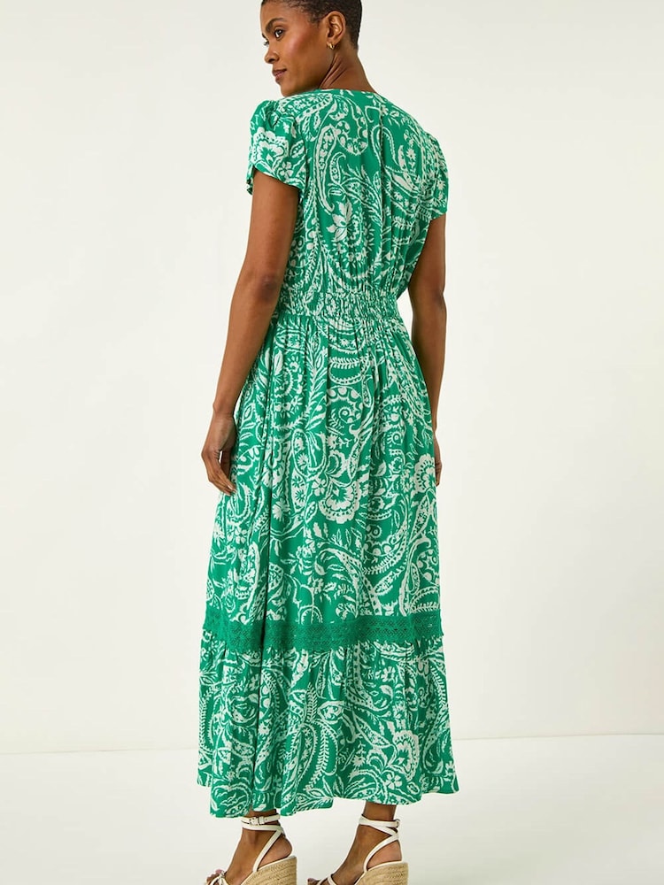 Roman Green Paisley Lace Trim Midi Dress - Image 5 of 5
