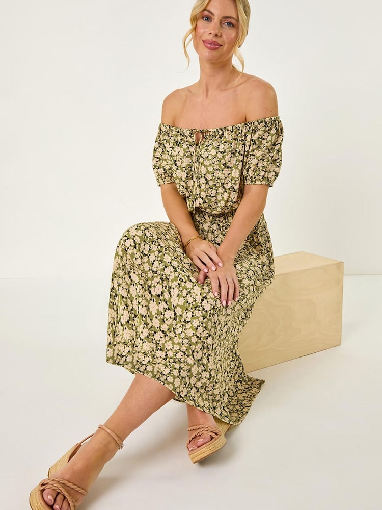 Roman Green Petite Ditsy Print Bardot Midi Dress - Image 1 of 5