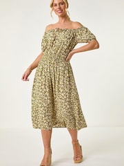 Roman Green Petite Ditsy Print Bardot Midi Dress - Image 2 of 5