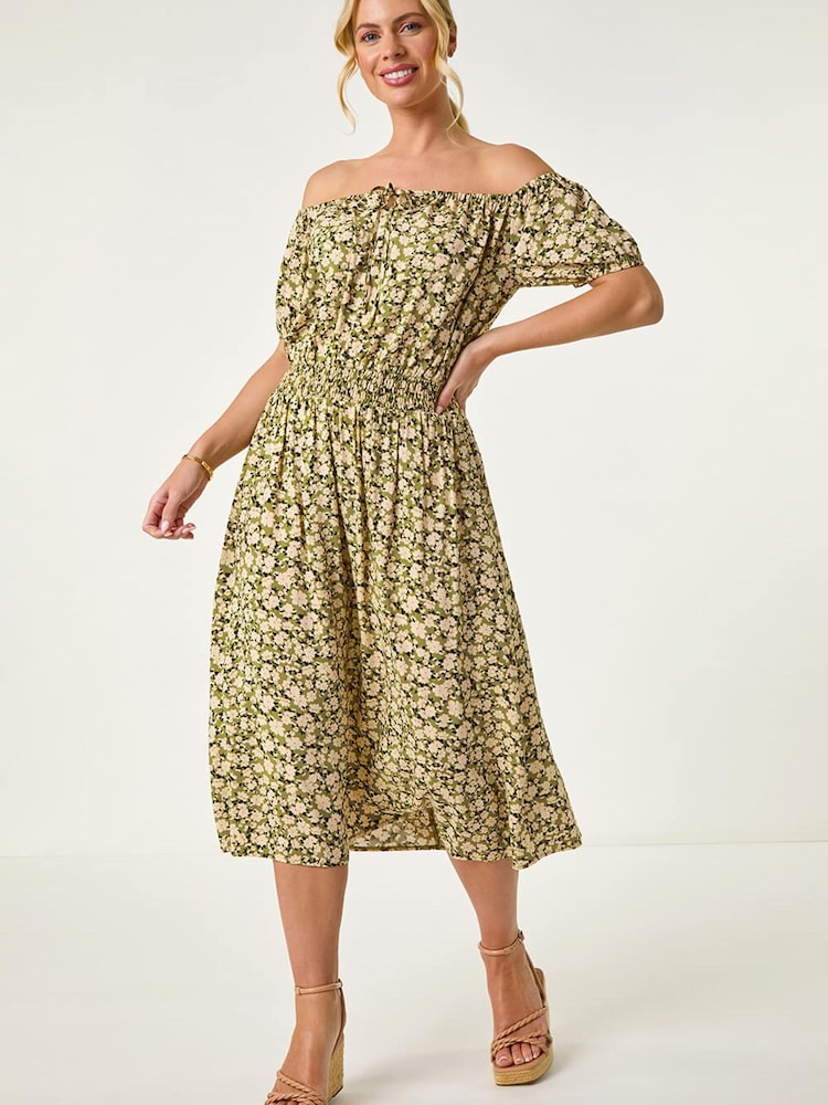 Roman Green Petite Ditsy Print Bardot Midi Dress - Image 2 of 5