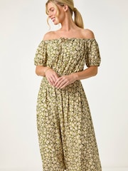 Roman Green Petite Ditsy Print Bardot Midi Dress - Image 4 of 5