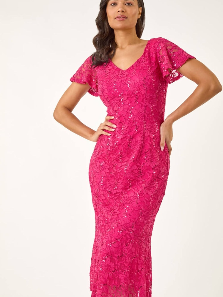 Roman Pink Sequin Lace Ruffle Stretch Midi Dress - Image 1 of 5