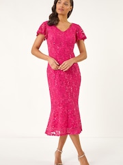 Roman Pink Sequin Lace Ruffle Stretch Midi Dress - Image 2 of 5