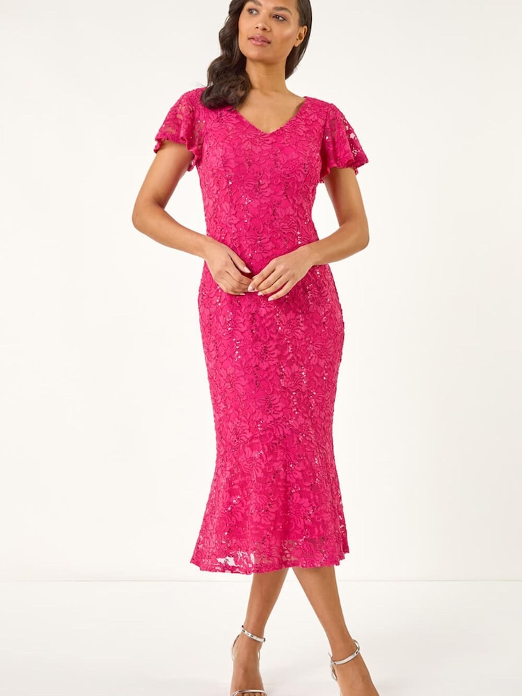 Roman Pink Sequin Lace Ruffle Stretch Midi Dress - Image 2 of 5