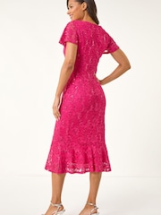 Roman Pink Sequin Lace Ruffle Stretch Midi Dress - Image 3 of 5